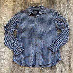 American Eagle AEO Mens Athletic Fit Button Down Shirt Size L Blue Striped